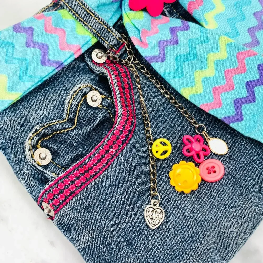 LEVI'S Denim Purse Floral Embroidered Heart Pockets Belt Charms Jean Bag EUC